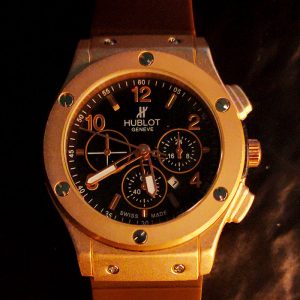 Hublot-Style Big Bang Chronograph Watch – Gold Case, Brown Strap